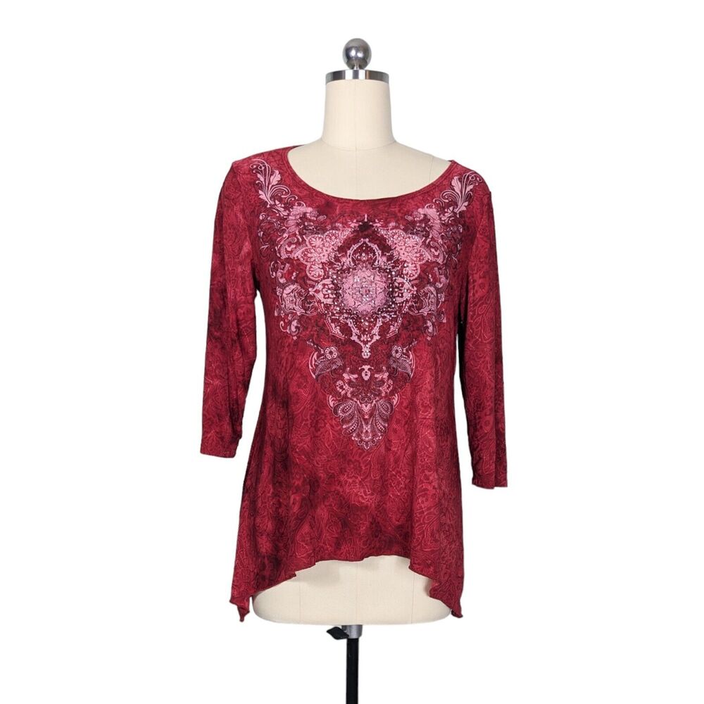 Vintage Y2K Top L Red Fairy Whimsigoth Floral Rhinestone Sharkbite Knit Stretch